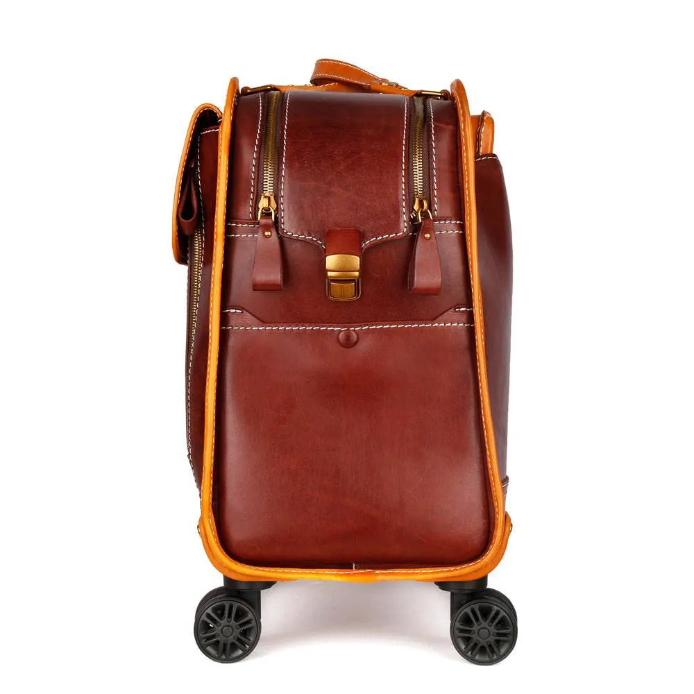 Genuine Vintage Italian Vegetable Tanned Leather 20-inch Carry-on Universal wheel Cabin Rolling Spinner Travel Luggage