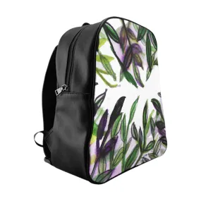 Green Tropical Leaf Print Bag, Purple Tropical Leaves Print School Backpack School Bag