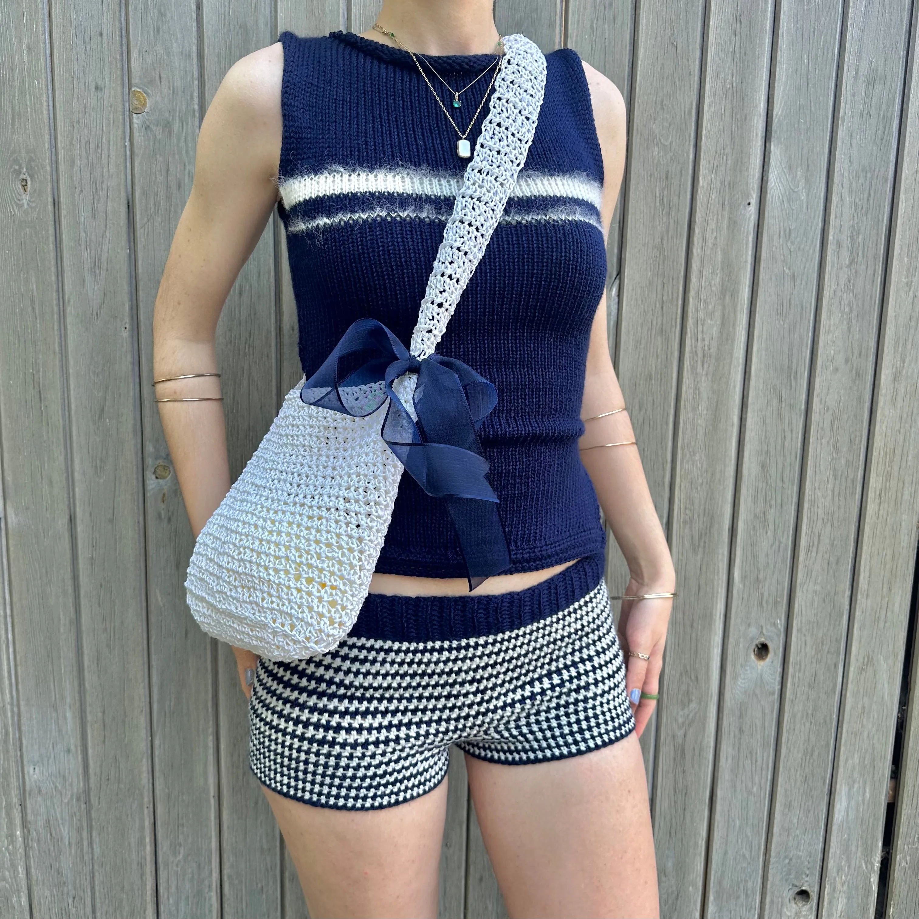 Handmade cream crochet straw bag with navy blue bow - can also be worn crossbody