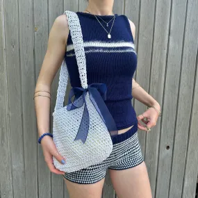 Handmade cream crochet straw bag with navy blue bow - can also be worn crossbody