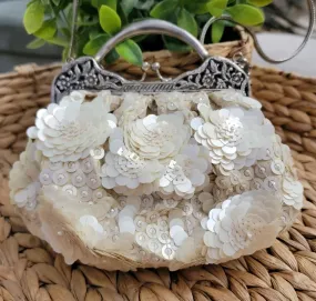 Handmade Victorian Vintage Style Wedding-Bridal Purse, Sequin with Silver Clasp