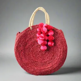 Handwoven Straw Red Round Tote Bag