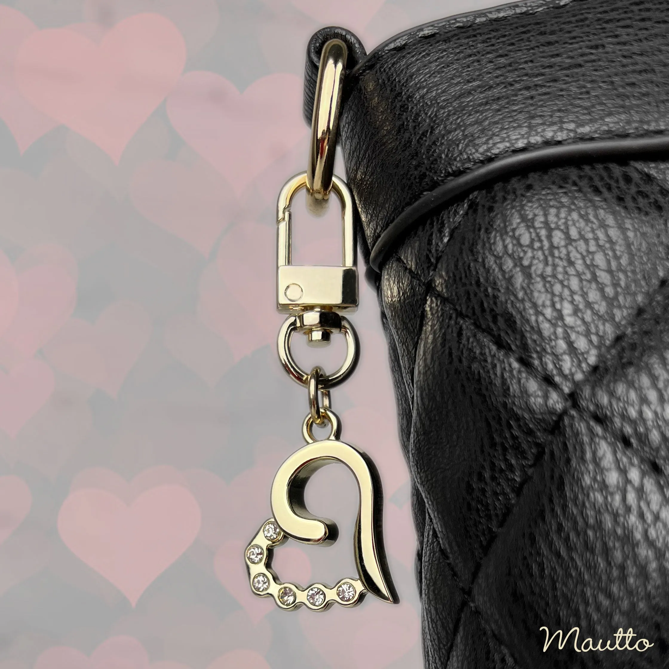 Heart & Diamonds Charm Light Gold Clip-on Accessory for Purse, Cell Phone, Handbag Zipper, Key Chain, Wallet / Coin Purse