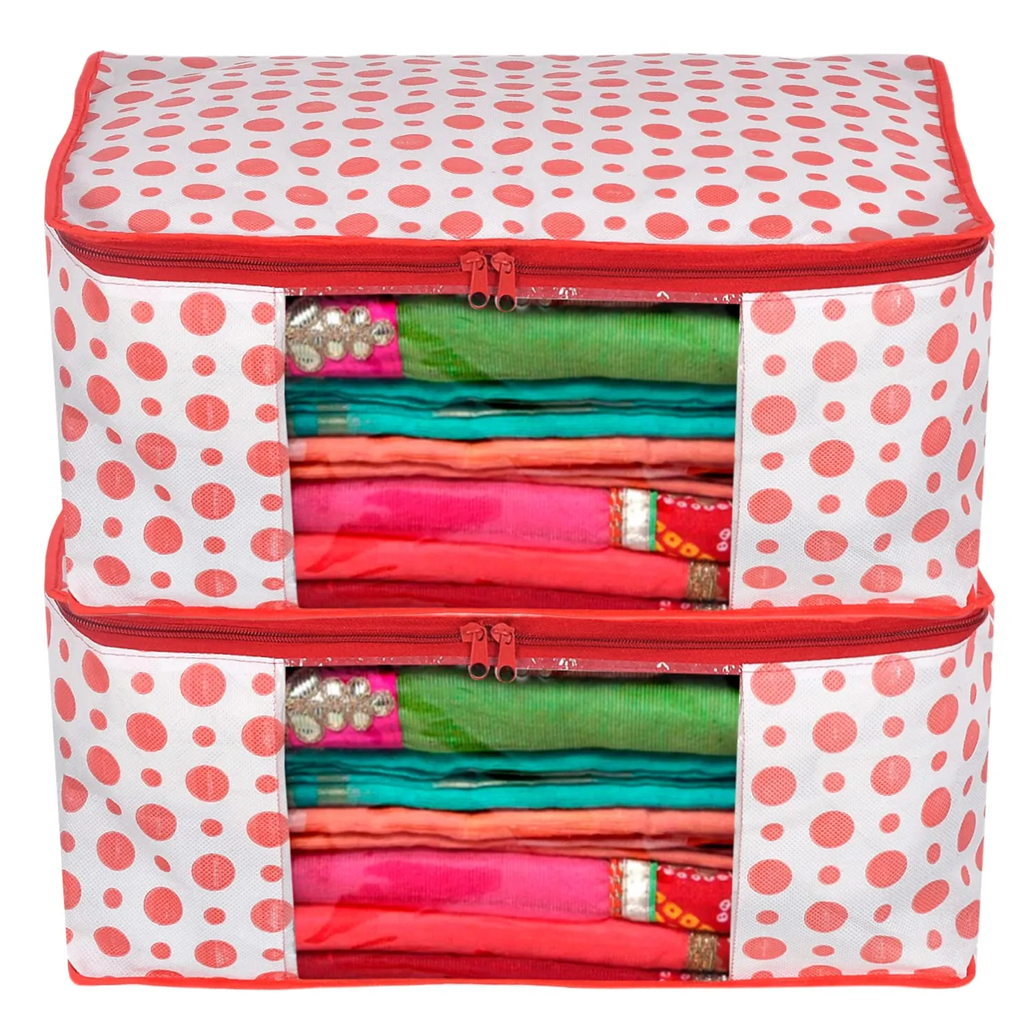 Heart Home Dot Printed Non-Woven Saree Cover, Cloth Organizer, Wardrobe Organiser With Tranasparent Window- Pack of 2 (Pink)-46HH0478