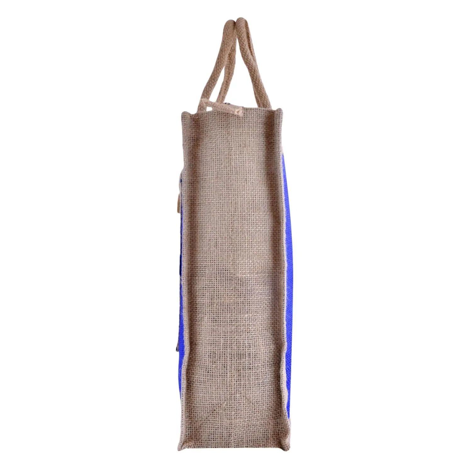 Heart Home Grocery Bag | Jute Carry Bag | Lunch Bags for Office | Zipper Grocery Bag with Handle | Vegetable Bag | Blue Flower Shopping Bag | Medium | Brown