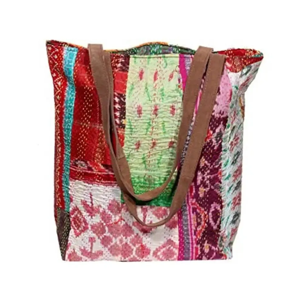 IndiWeaves Womens Silk Kantha Work Leather Handle Handmade Tote Bag Grey/Red/Yellow/Green