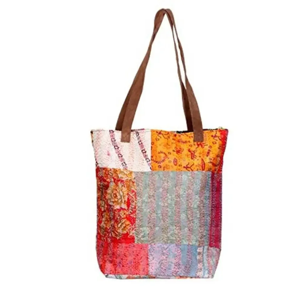 IndiWeaves Womens Silk Kantha Work Leather Handle Handmade Tote Bag Grey/Red/Yellow/Green