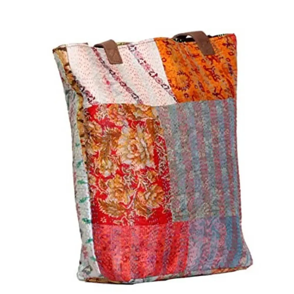 IndiWeaves Womens Silk Kantha Work Leather Handle Handmade Tote Bag Grey/Red/Yellow/Green