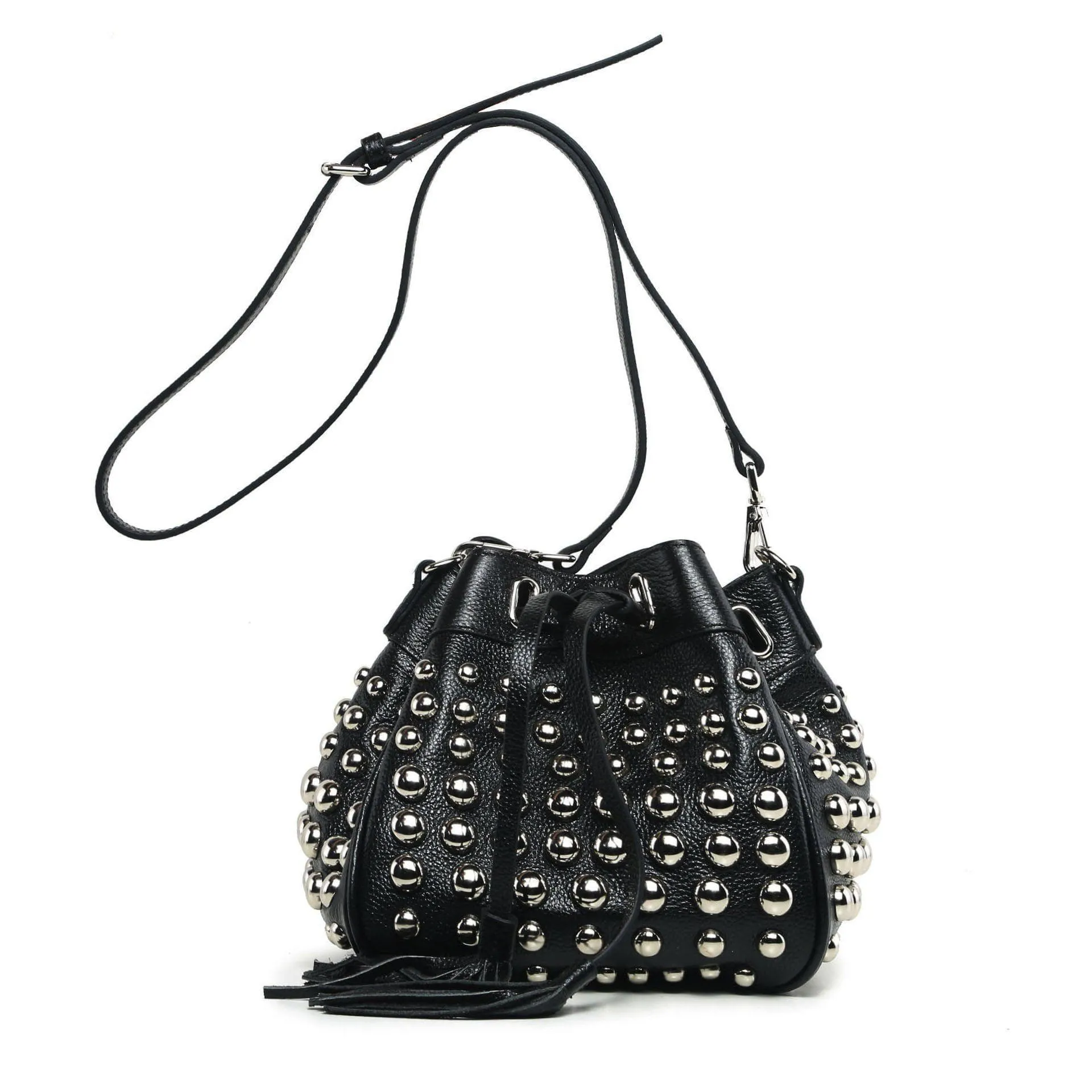 Jolyn Studded Leather Bucket Crossbody  - Black