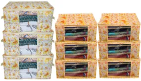 Kuber Industries Flower Printed Non Woven 6 Pieces Saree Cover and 3 Pieces Underbed Storage Bag, Cloth Organizer for Storage, Blanket Cover Combo Set (Ivory & Red) - CTKTC038639