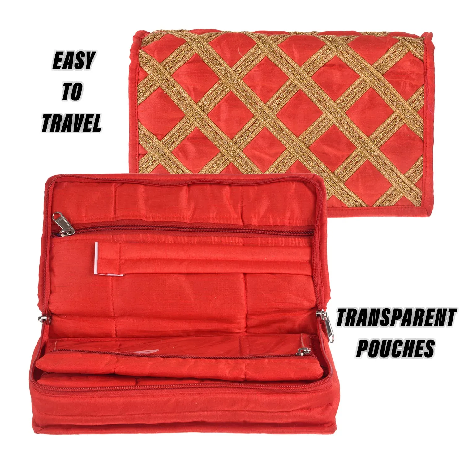 Kuber Industries Jewellery Organizer | Polyester Gota Lace Check Design Vanity Organizer | 4 Transparent Pouch & 1 Compartment Cosmatic Kit | Pack of 2 | Red