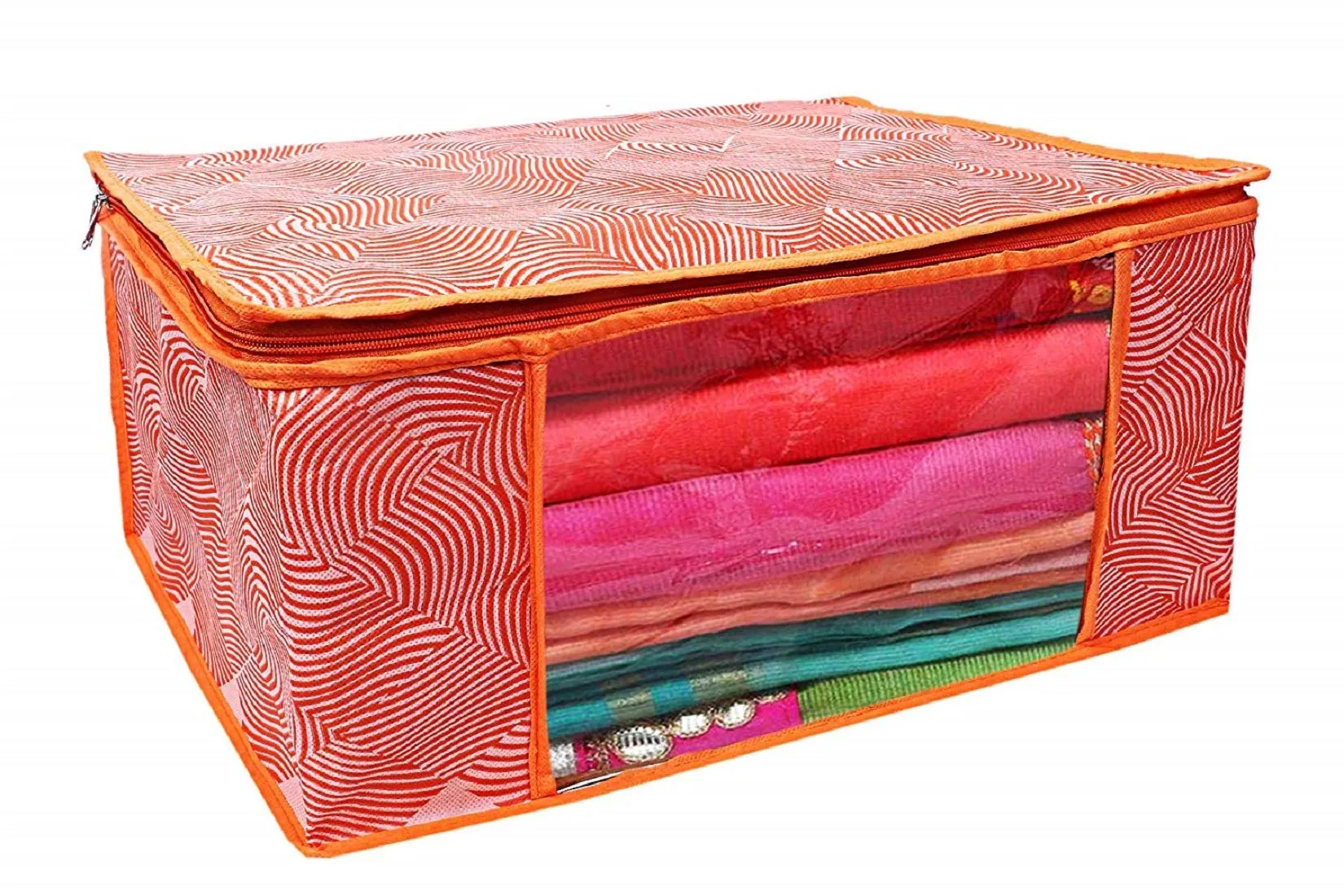 Kuber Industries Laheriya Printed Non Woven 6 Pieces Saree Cover And 3 Pieces Underbed Storage Bag, Cloth Organizer For Storage, Blanket Cover Combo Set (Orange) -CTKTC038700