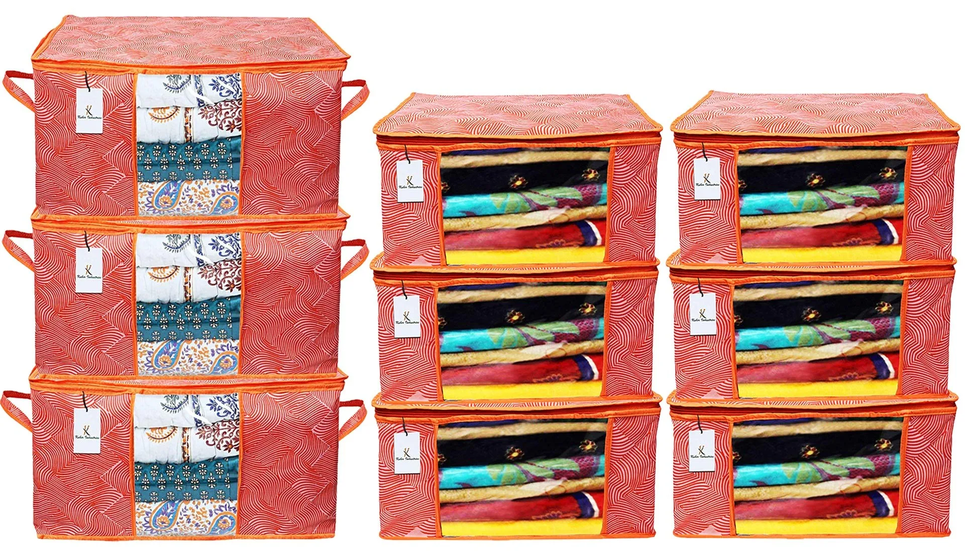 Kuber Industries Laheriya Printed Non Woven 6 Pieces Saree Cover And 3 Pieces Underbed Storage Bag, Cloth Organizer For Storage, Blanket Cover Combo Set (Orange) -CTKTC038700