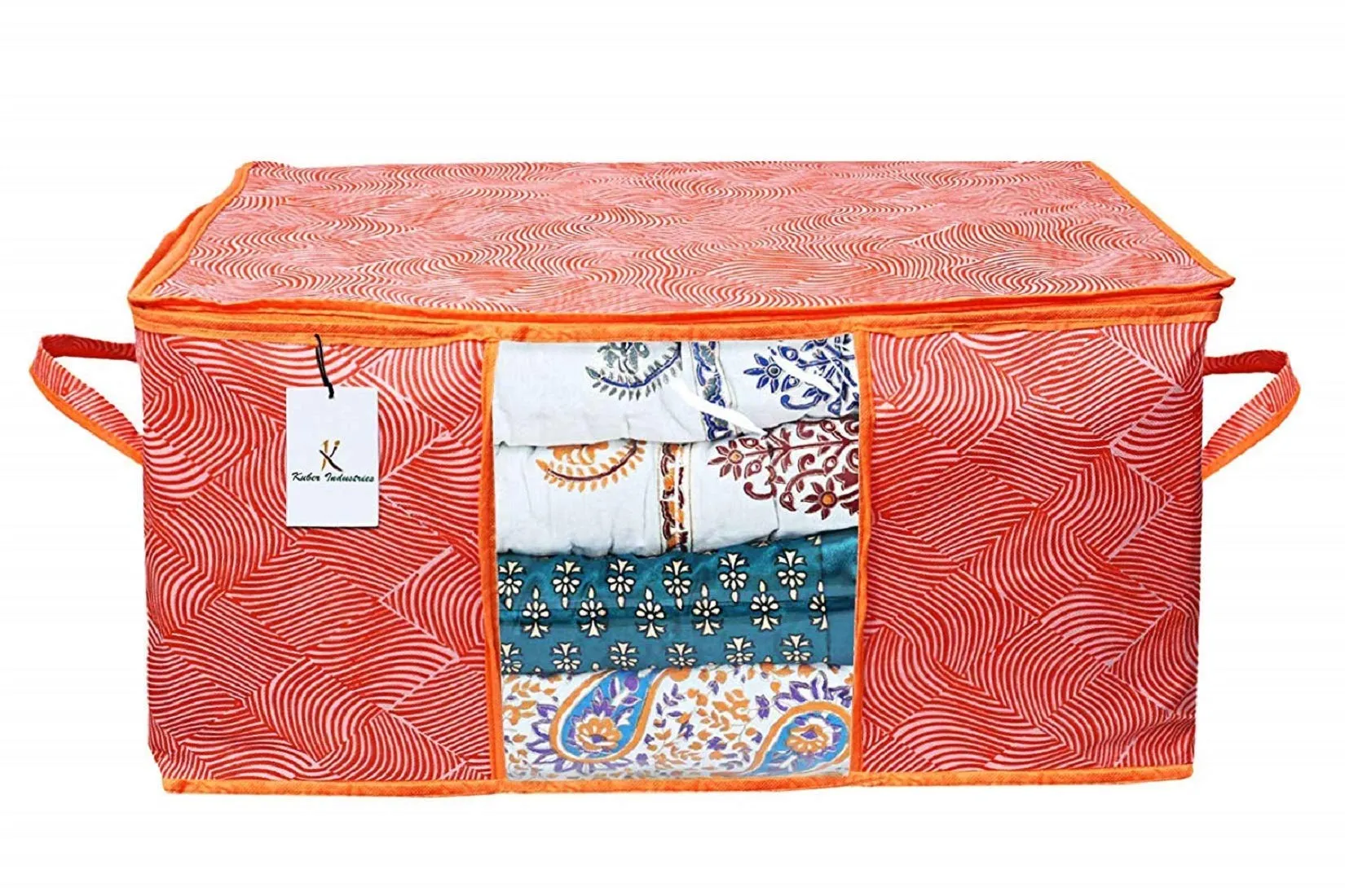 Kuber Industries Laheriya Printed Non Woven 6 Pieces Saree Cover And 3 Pieces Underbed Storage Bag, Cloth Organizer For Storage, Blanket Cover Combo Set (Orange) -CTKTC038700