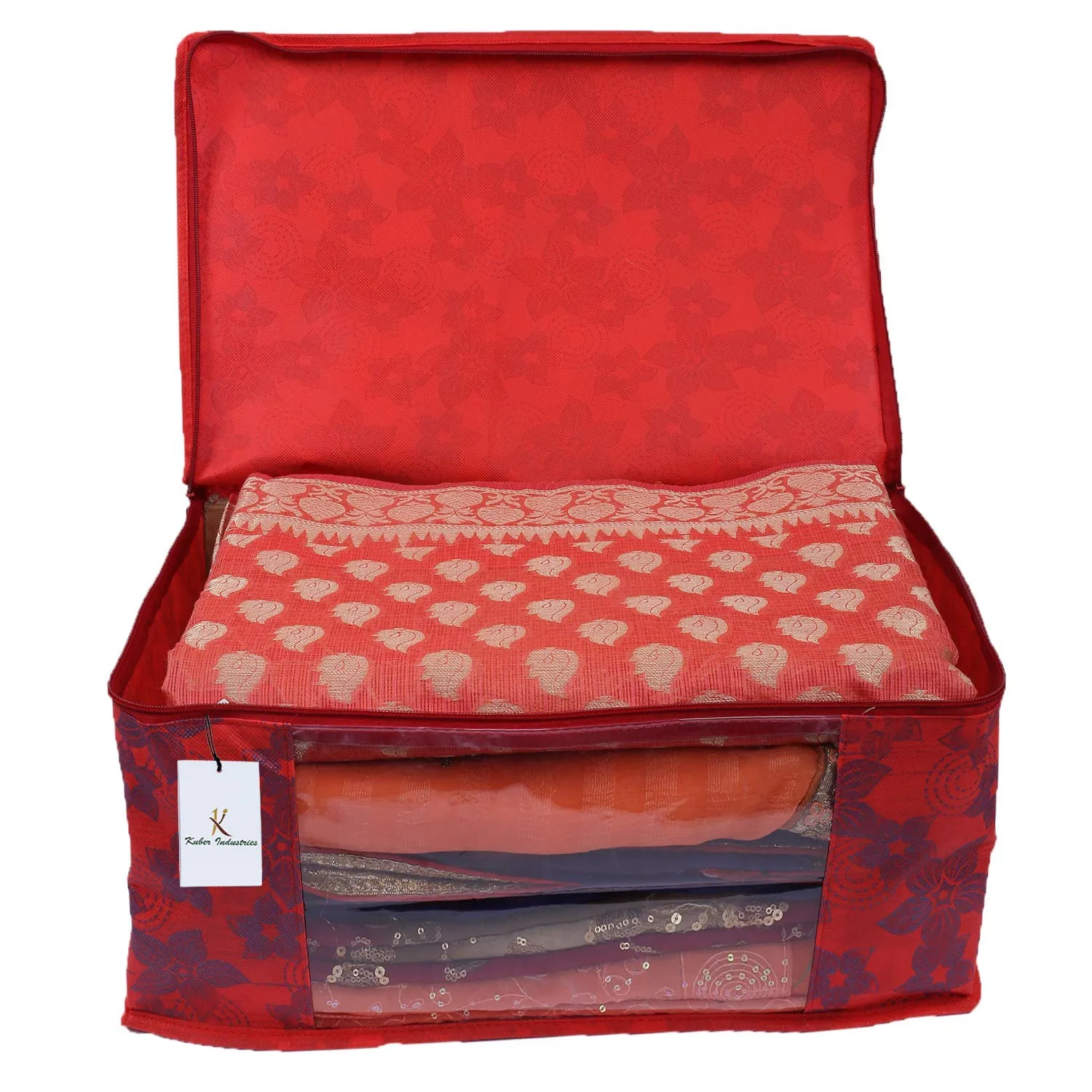 Kuber Industries Metallic Printed Non Woven 2 Pieces Saree Cover and 2 Pieces Underbed Storage Bag, Cloth Organizer for Storage, Blanket Cover Combo Set (Red) -CTKTC038548