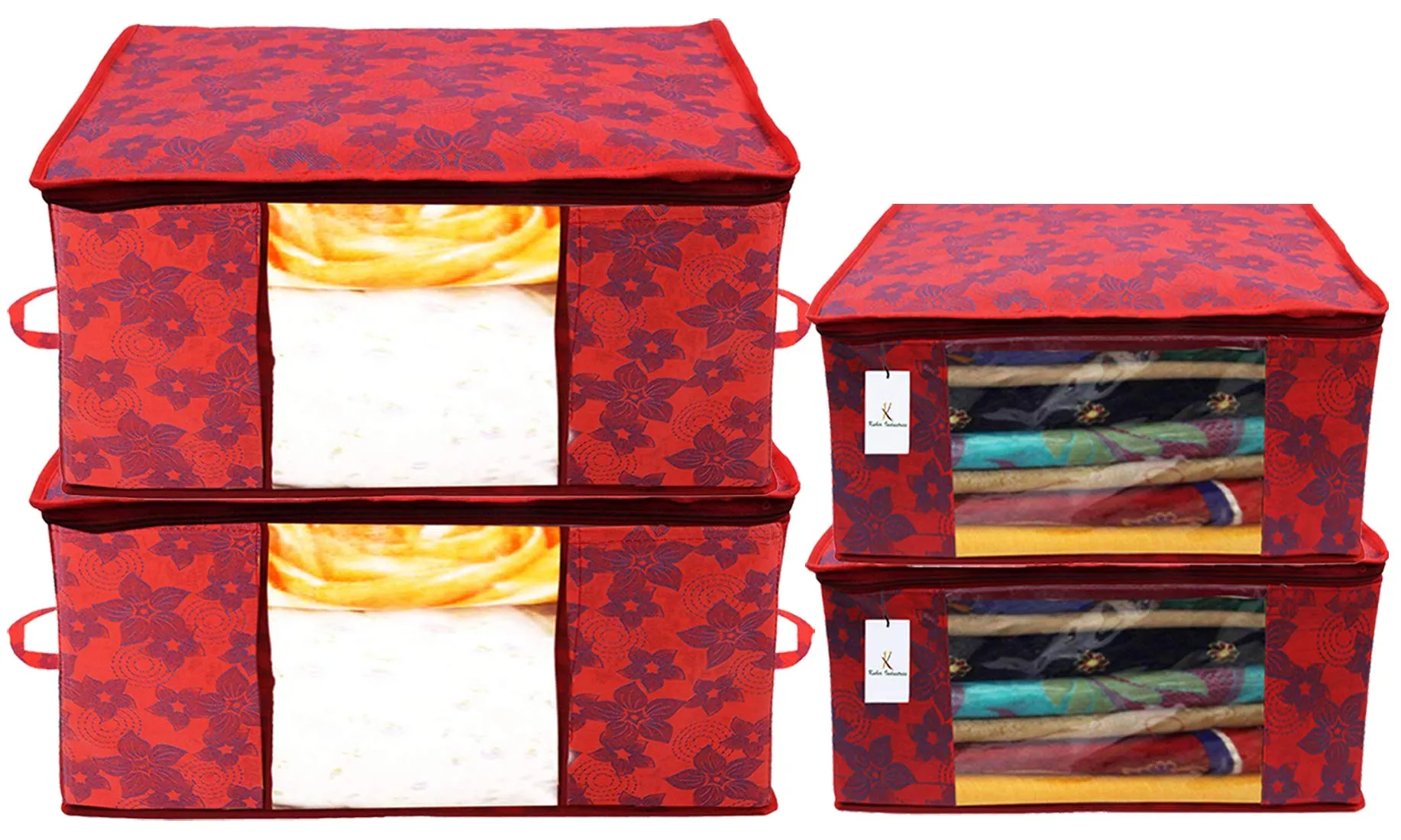 Kuber Industries Metallic Printed Non Woven 2 Pieces Saree Cover and 2 Pieces Underbed Storage Bag, Cloth Organizer for Storage, Blanket Cover Combo Set (Red) -CTKTC038548