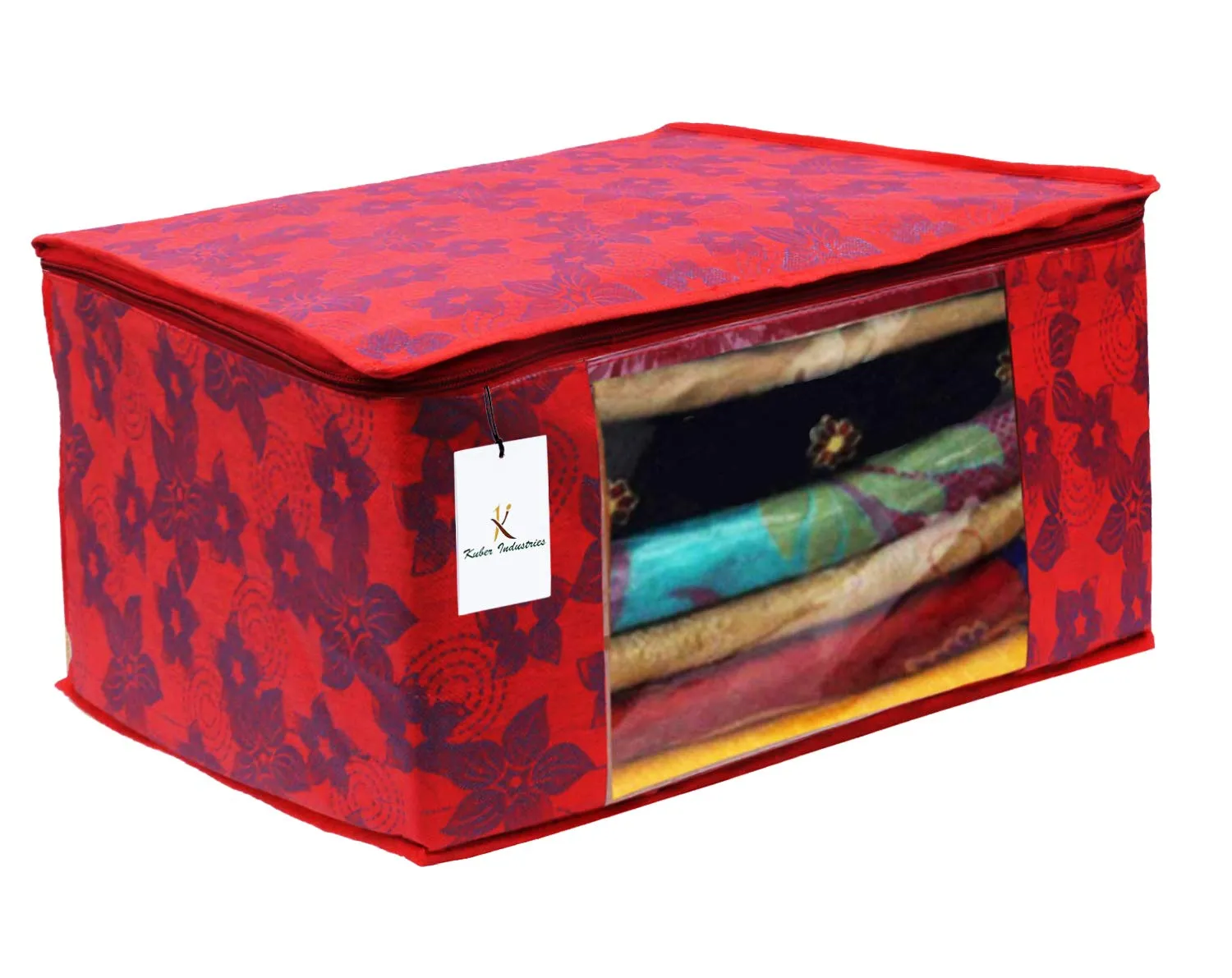 Kuber Industries Metallic Printed Non Woven 2 Pieces Saree Cover and 2 Pieces Underbed Storage Bag, Cloth Organizer for Storage, Blanket Cover Combo Set (Red) -CTKTC038548