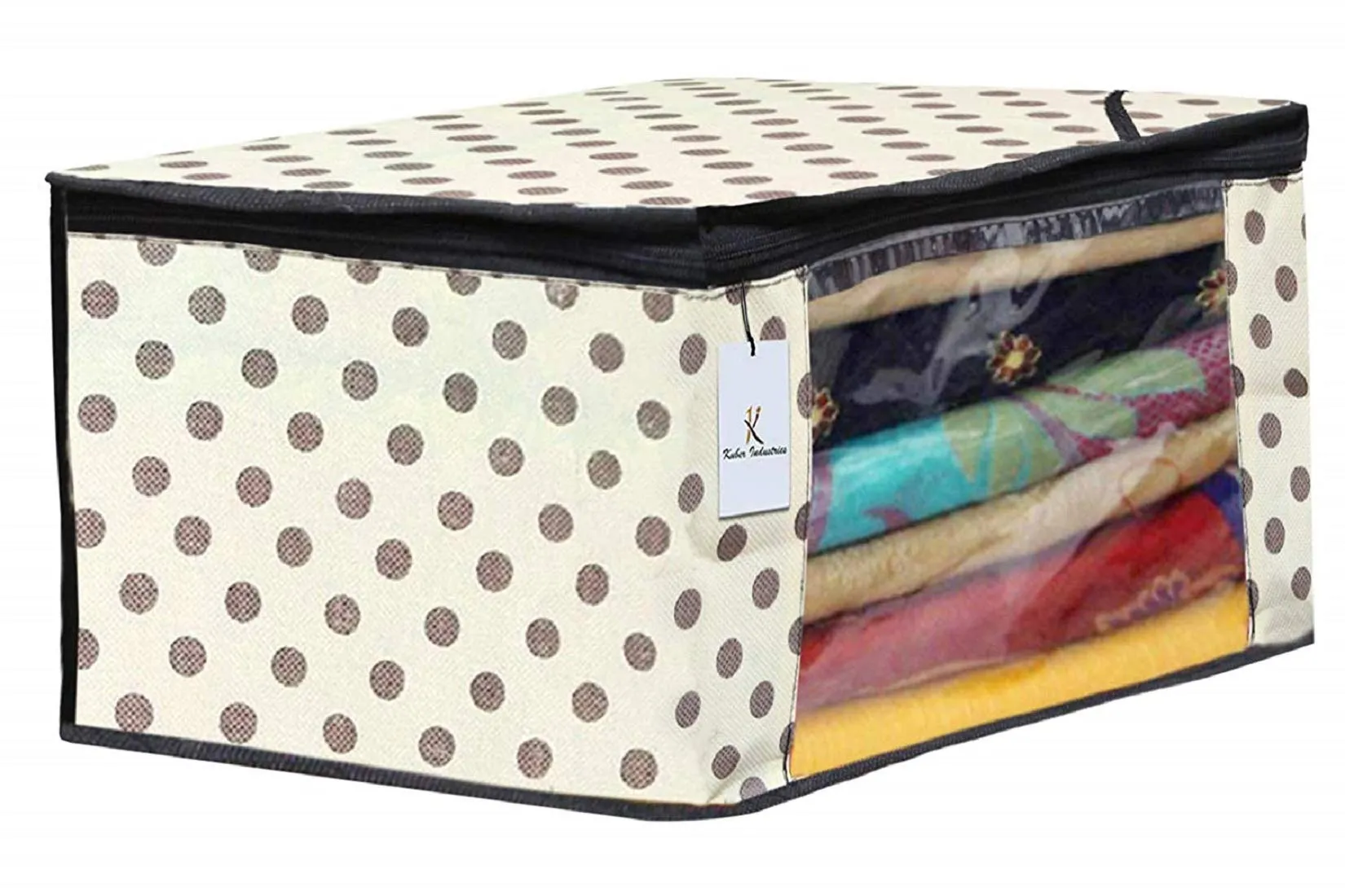 Kuber Industries Polka Dots Printed Non Woven 3 Pieces Saree Cover and 2 Pieces Underbed Storage Bag, Cloth Organizer for Storage, Blanket Cover Combo Set (Ivory) -CTKTC038646