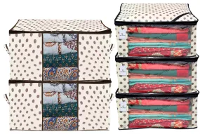 Kuber Industries Polka Dots Printed Non Woven 3 Pieces Saree Cover and 2 Pieces Underbed Storage Bag, Cloth Organizer for Storage, Blanket Cover Combo Set (Ivory) -CTKTC038646