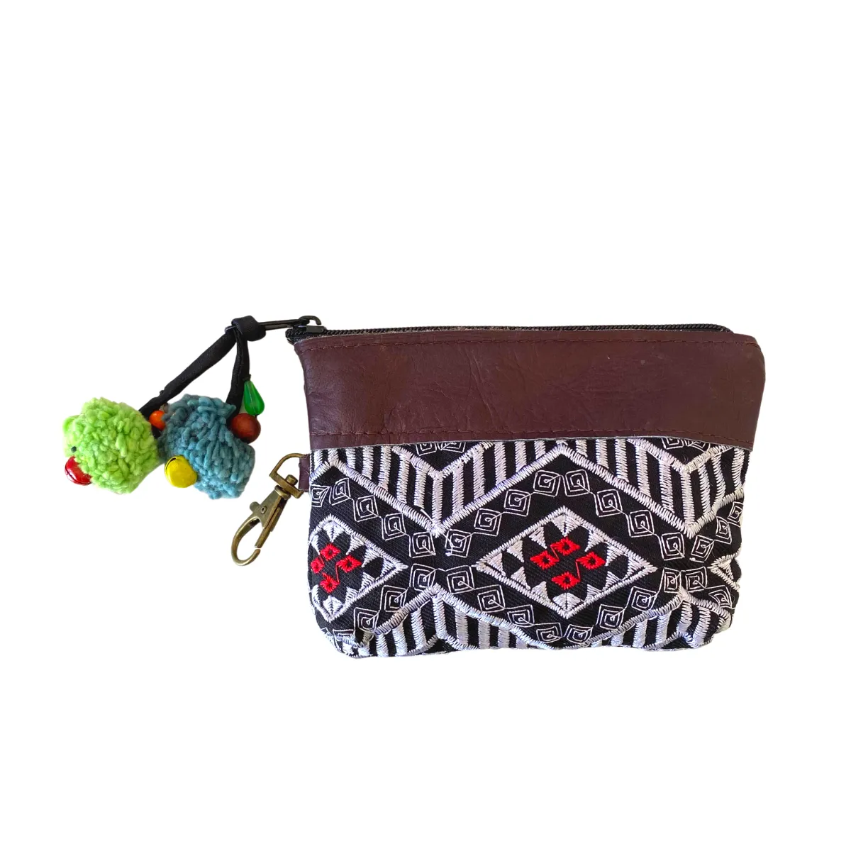 Leather Trim Embroidered Geometric Coin Purse  - Thailand