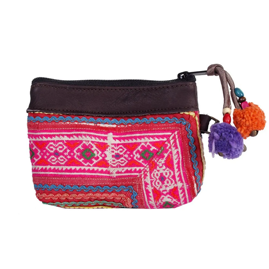 Leather Trim Embroidered Geometric Coin Purse  - Thailand