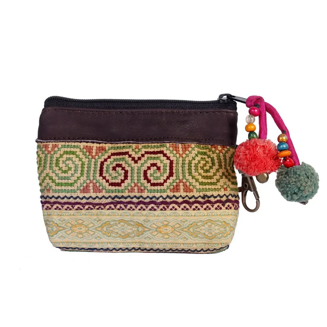 Leather Trim Embroidered Geometric Coin Purse  - Thailand