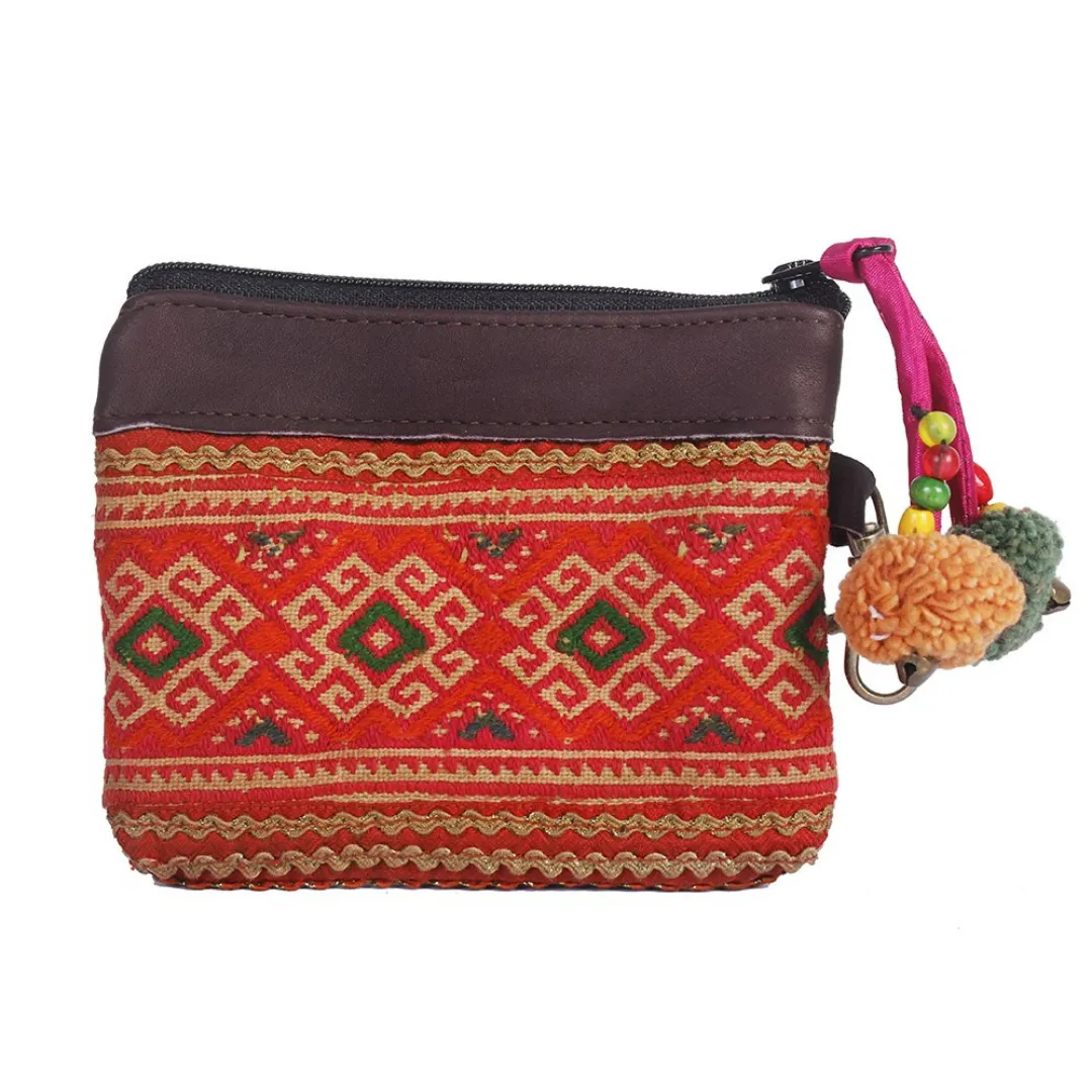 Leather Trim Embroidered Geometric Coin Purse  - Thailand