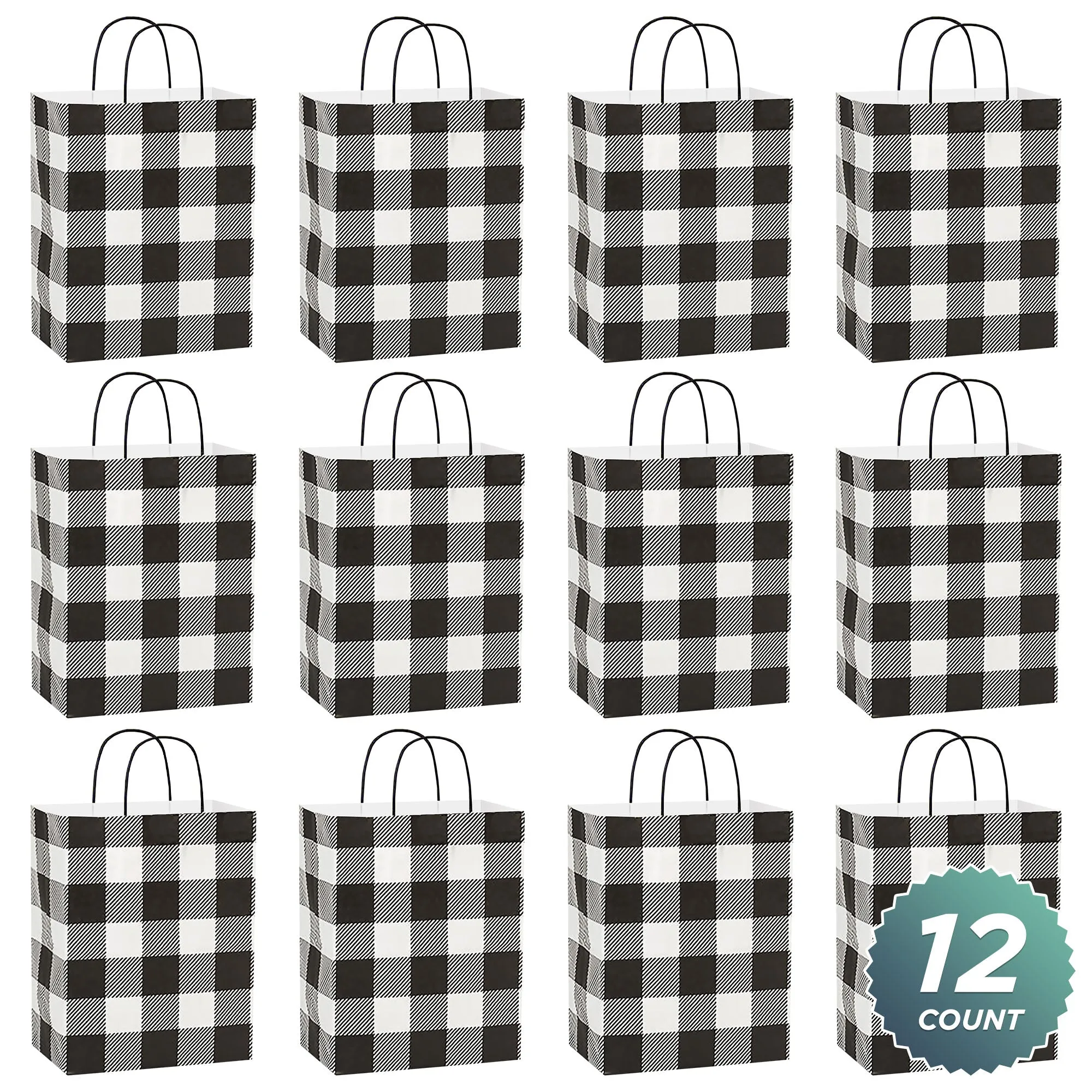 Live It Up! Party Supplies Black & White Buffalo Plaid Fall and Christmas Holiday Paper Gift Bags, Medium Size 8x4.75x10.25 (12 Pack)