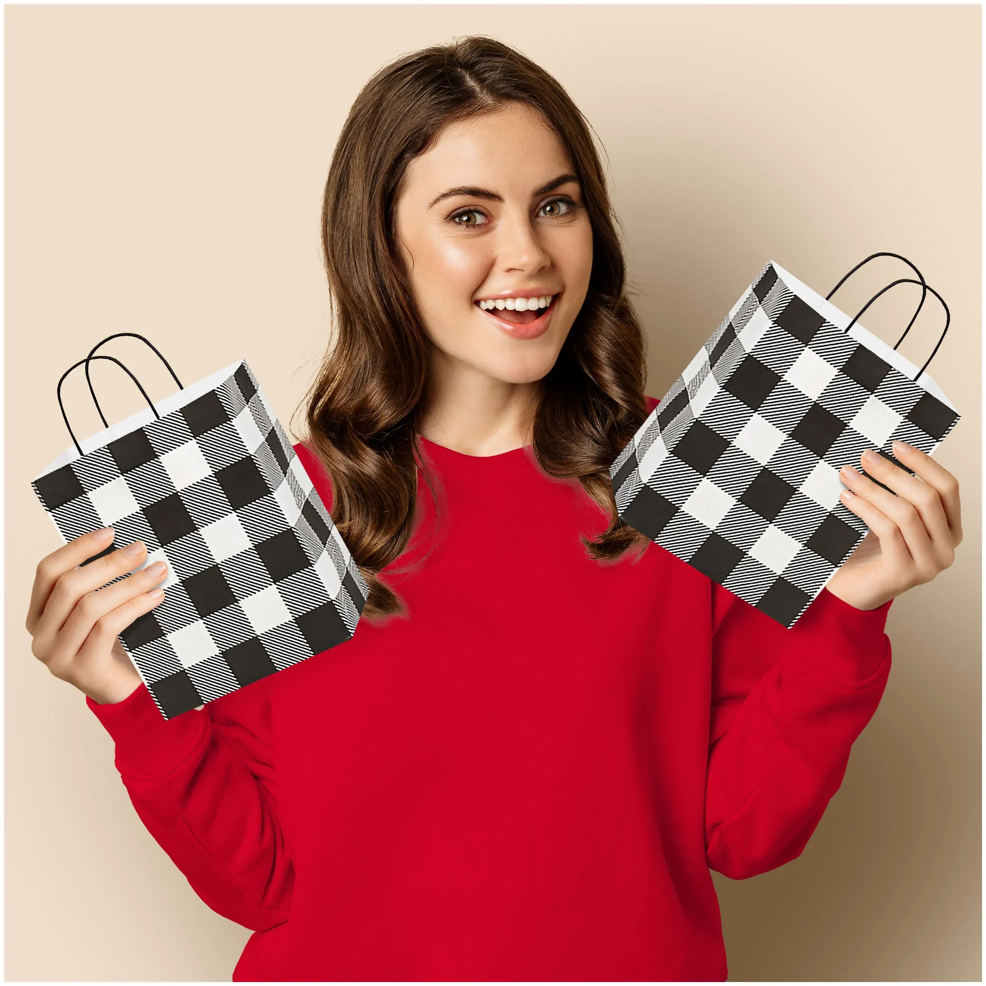 Live It Up! Party Supplies Black & White Buffalo Plaid Fall and Christmas Holiday Paper Gift Bags, Medium Size 8x4.75x10.25 (12 Pack)