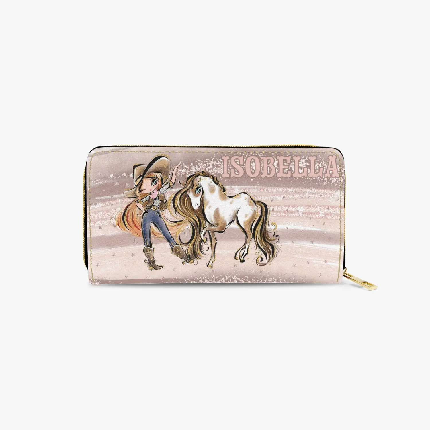 Long Type Zipper Purse, Howdy Cowgirl & Horse, Red Hair Blue Eyes, Personalised