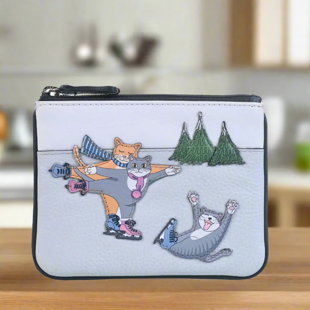 Mala Leather Skating Cats Coin and Card Purse Grey and Black