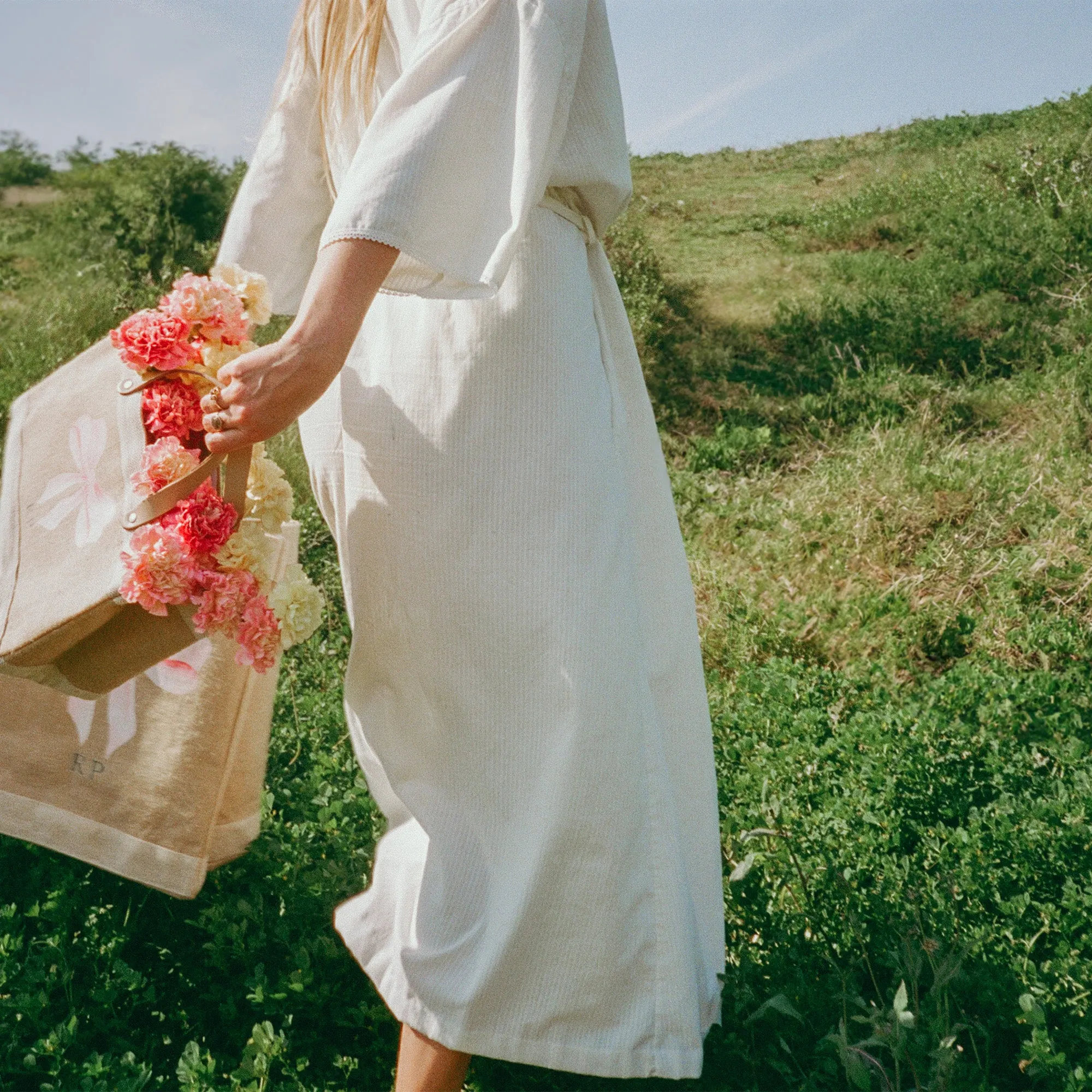 Market Tote in Natural with Rose Bow by Amy Logsdon