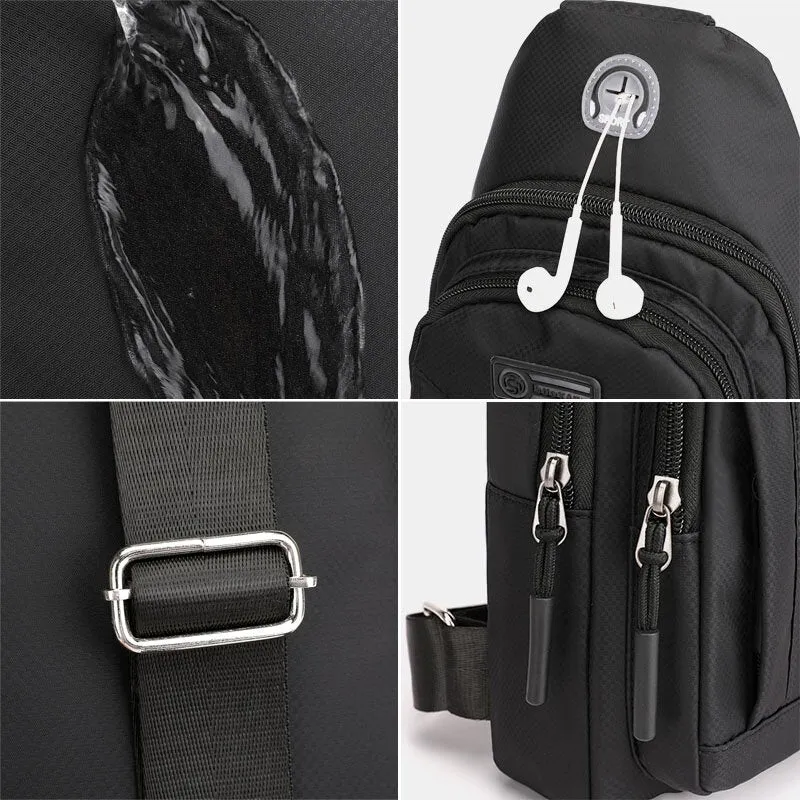 Men Casual Ligntweight Waterproof Wear-resistant Chest Bag Multi-pocket Headphone Hole Design Crossbody Shoulder