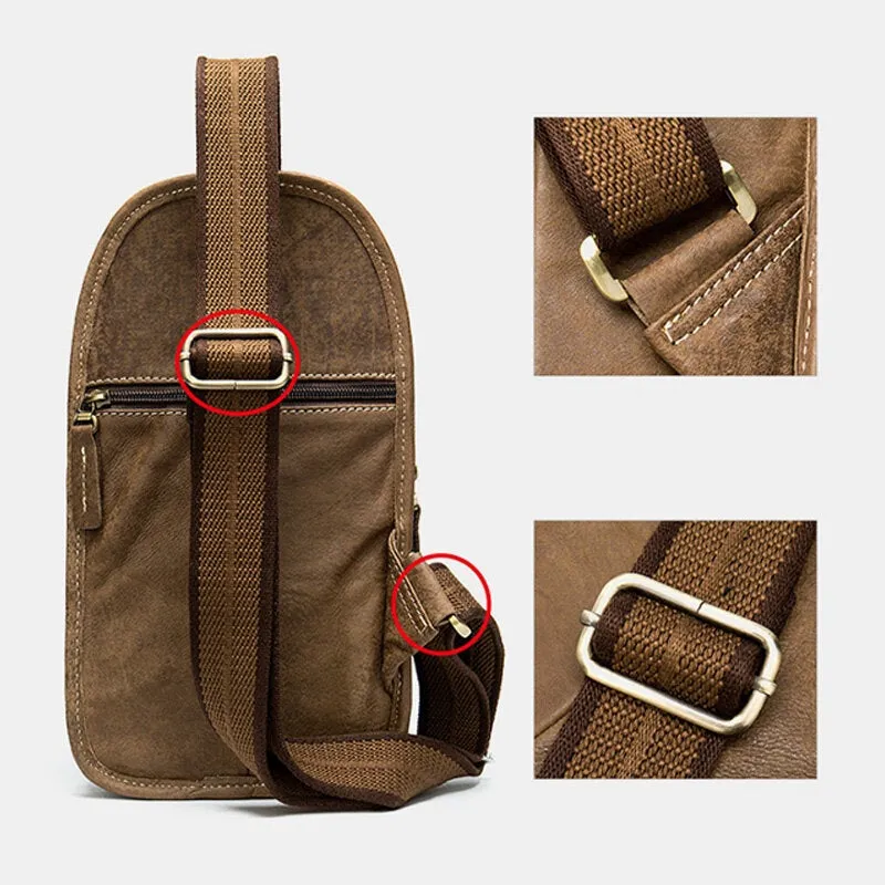 Men Genuine Leather Retro Front Zipper Pocket Chest Bag Headphone Hole Design Multi-pocket Cowhide Crossbody Bags Shoulder