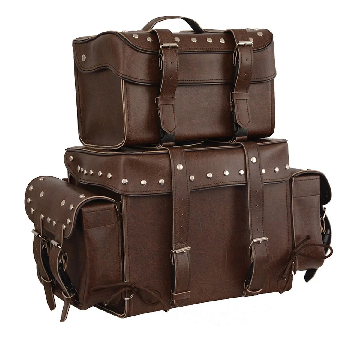 Milwaukee Leather MP8127RT Large Retro Brown 4-Piece Studded PVC Motorcycle Touring Pack