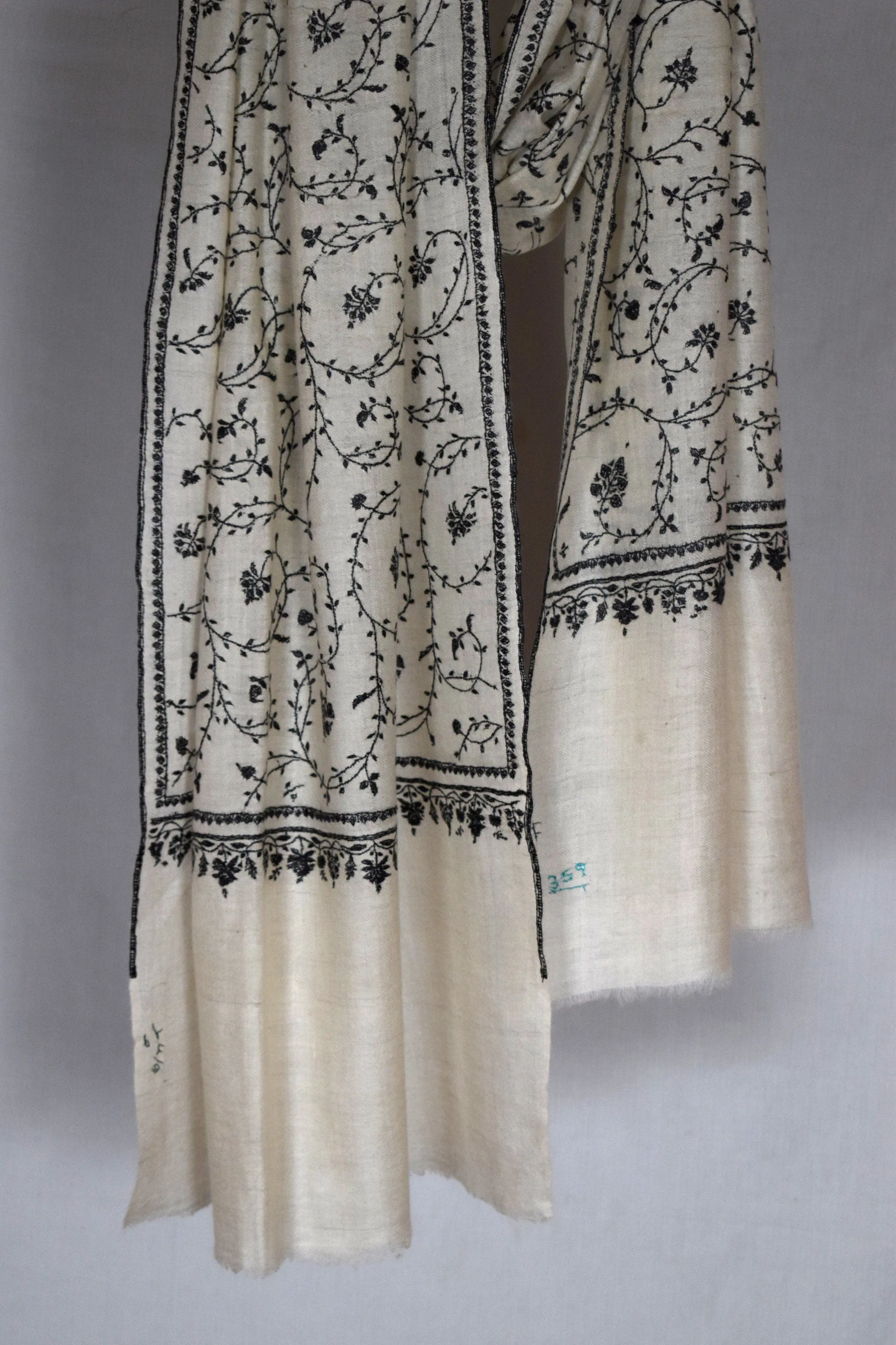 Monochrome Sozni Pure Pashmina/Cashmere Scarf Wrap Jali, Handwoven on Hand loom & Hand Embroided in Kashmir, Luxury, Masterpiece.