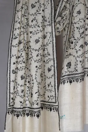 Monochrome Sozni Pure Pashmina/Cashmere Scarf Wrap Jali, Handwoven on Hand loom & Hand Embroided in Kashmir, Luxury, Masterpiece.