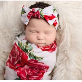 Newborn Infant Baby Rose Floral Swaddle Wrap Sleeping Bag Blanket Headband