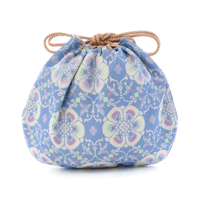 Nishijin-ori Small Drawstring Bag - Flower and Bird / Pale Blue -,  Made in Kyoto, Japan,  Japanese traditional craft purse