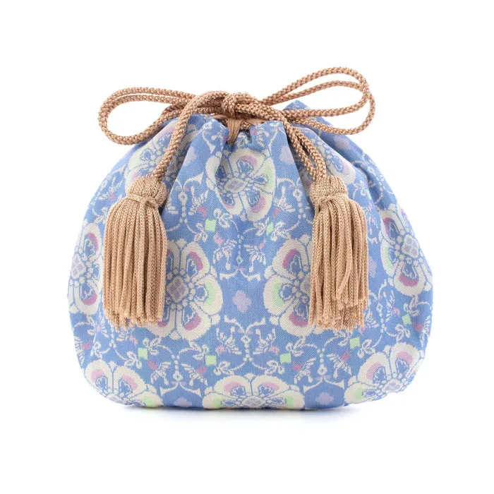 Nishijin-ori Small Drawstring Bag - Flower and Bird / Pale Blue -,  Made in Kyoto, Japan,  Japanese traditional craft purse