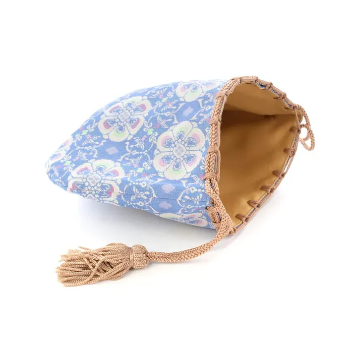 Nishijin-ori Small Drawstring Bag - Flower and Bird / Pale Blue -,  Made in Kyoto, Japan,  Japanese traditional craft purse