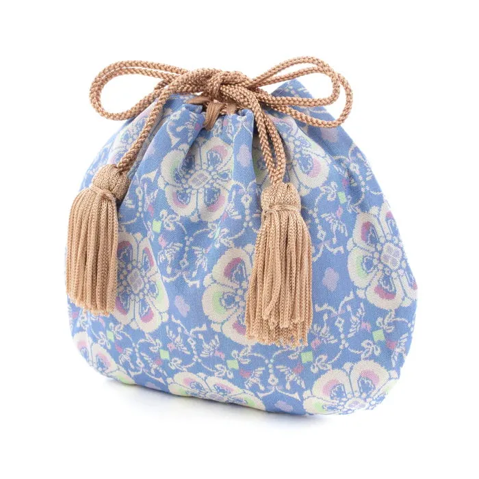 Nishijin-ori Small Drawstring Bag - Flower and Bird / Pale Blue -,  Made in Kyoto, Japan,  Japanese traditional craft purse