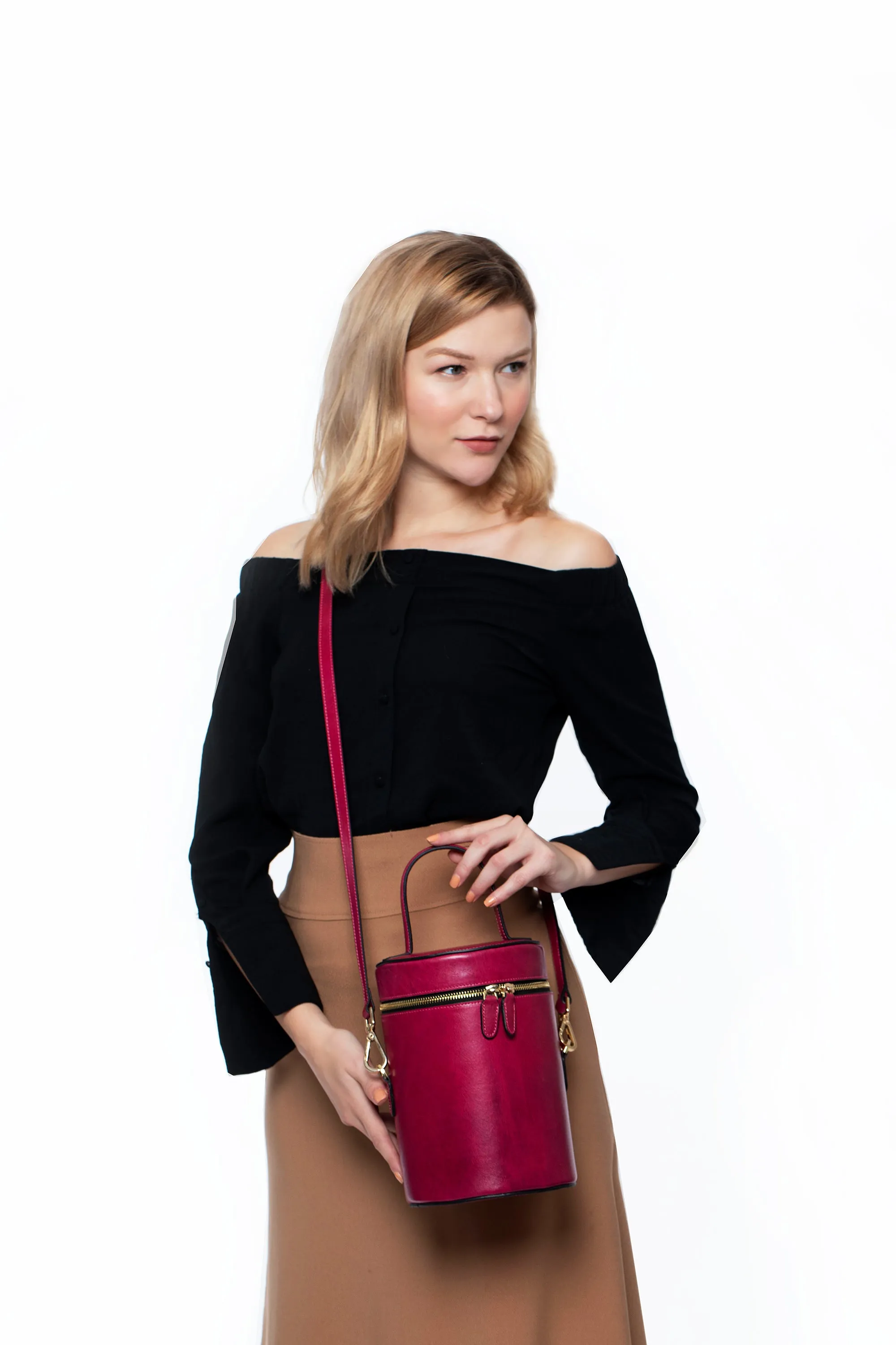 NOLA Bucket Leather Bag in Sangria Red