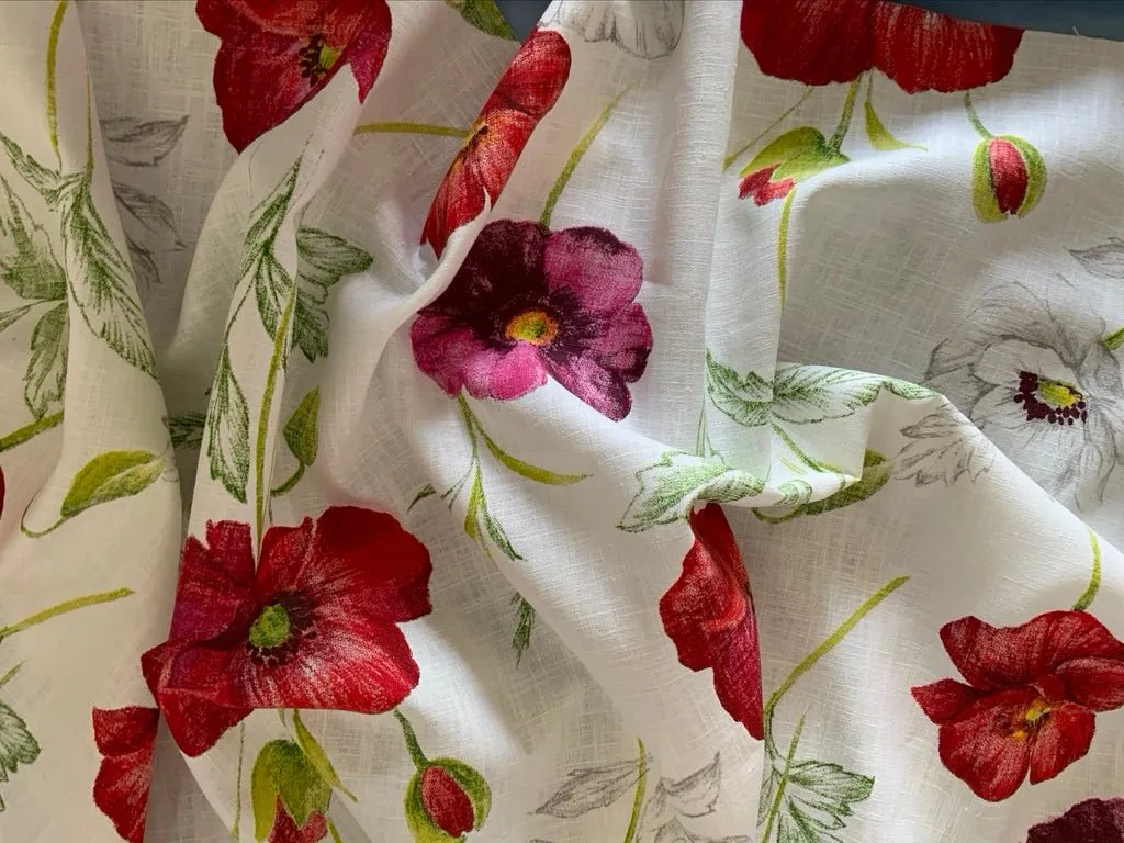 POPPIES: Beautiful  Light Furnishing  Fabric made from Ramie and Cotton,  Depicting Wild Poppies,  for Sofa Cushion, Cushions, Curtains etc