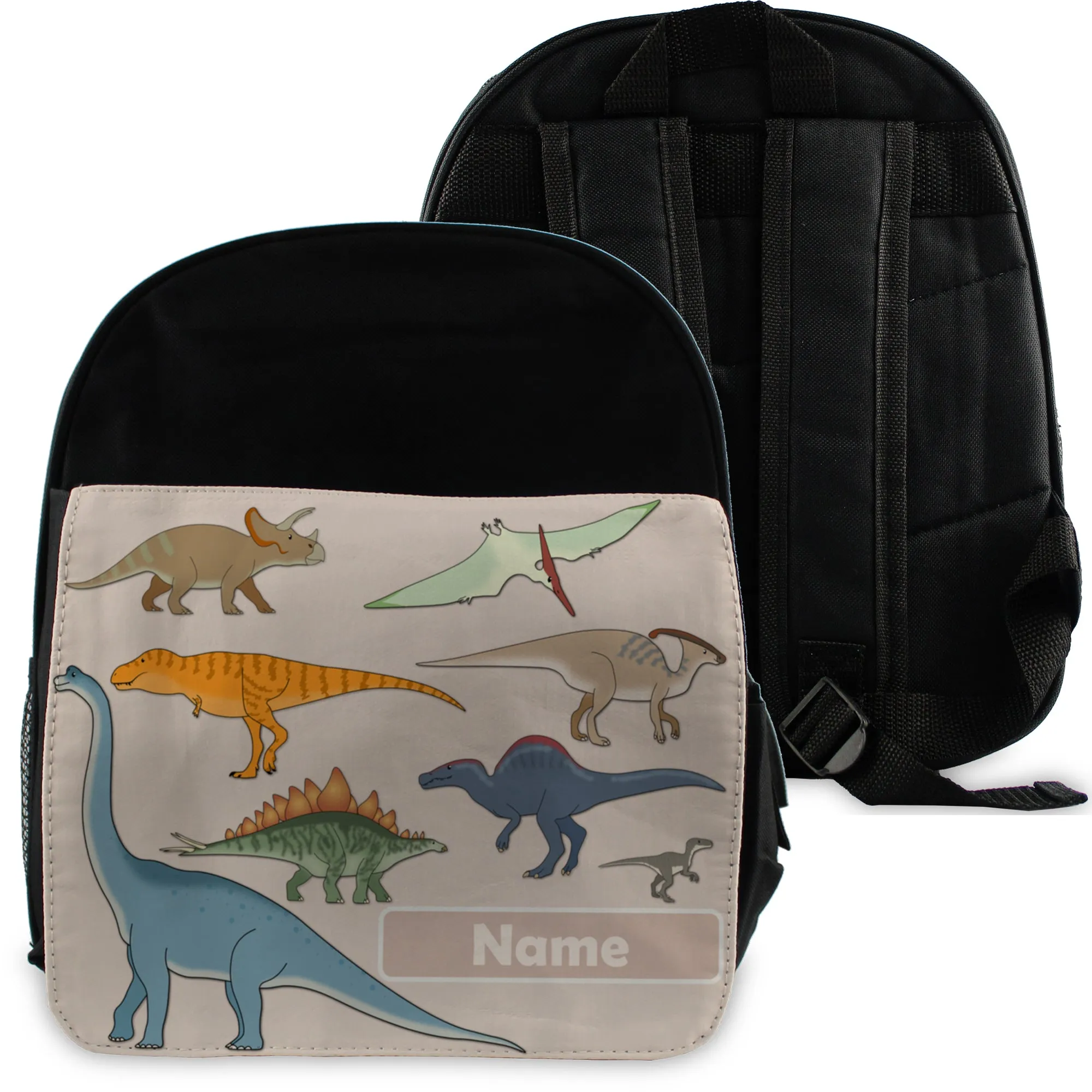 Printed Kids Black Backpack with Dinosaur Design, Customise with Any Name