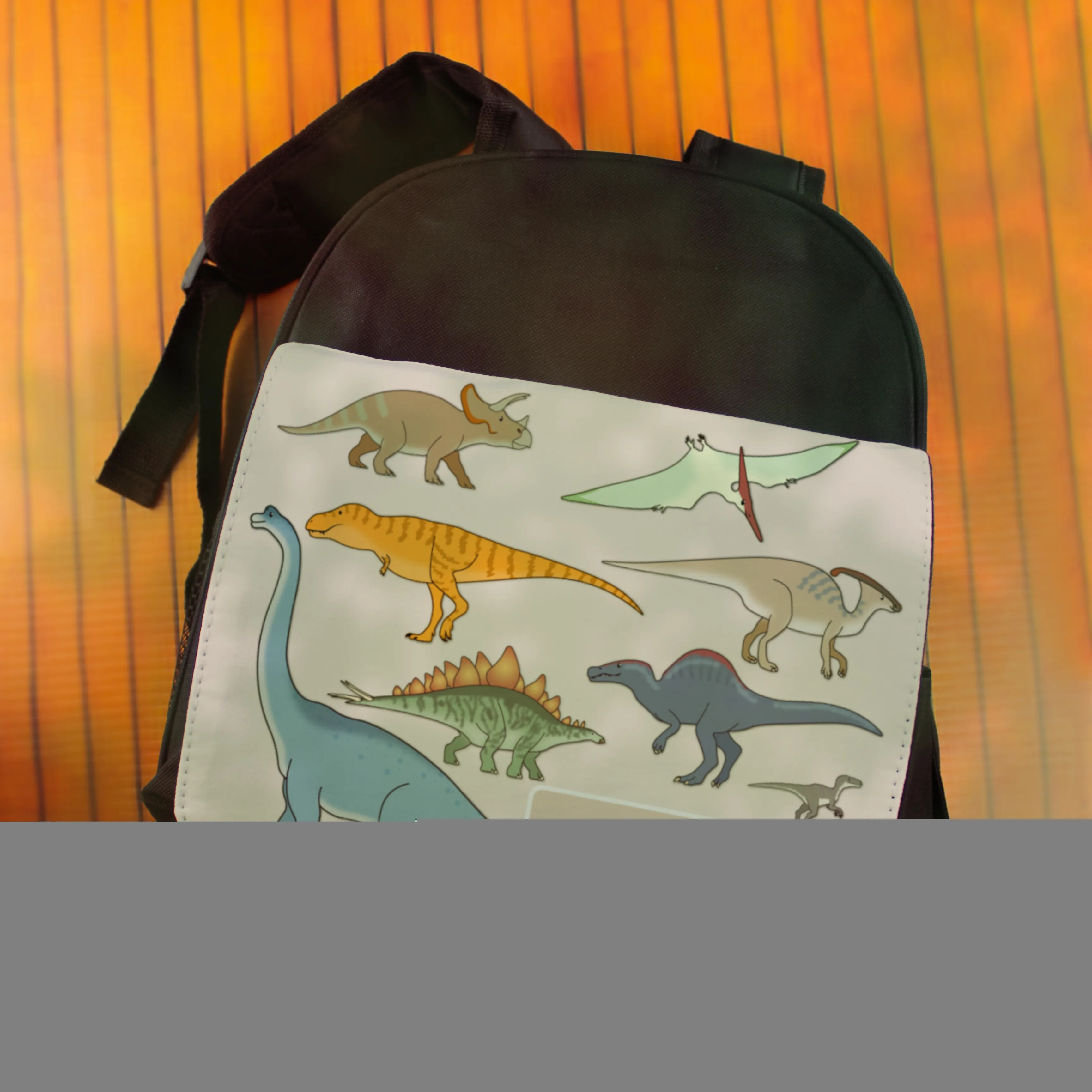 Printed Kids Black Backpack with Dinosaur Design, Customise with Any Name