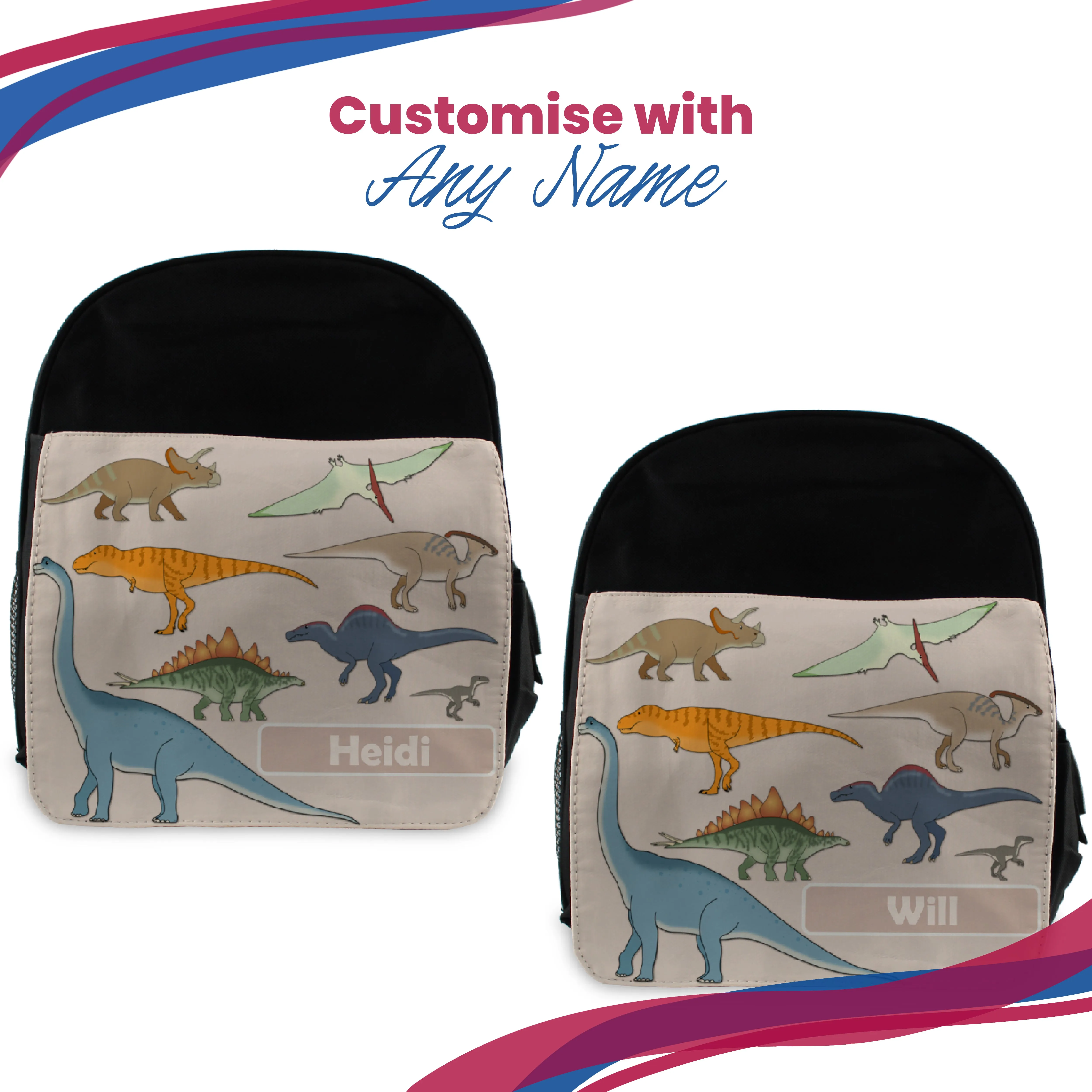 Printed Kids Black Backpack with Dinosaur Design, Customise with Any Name