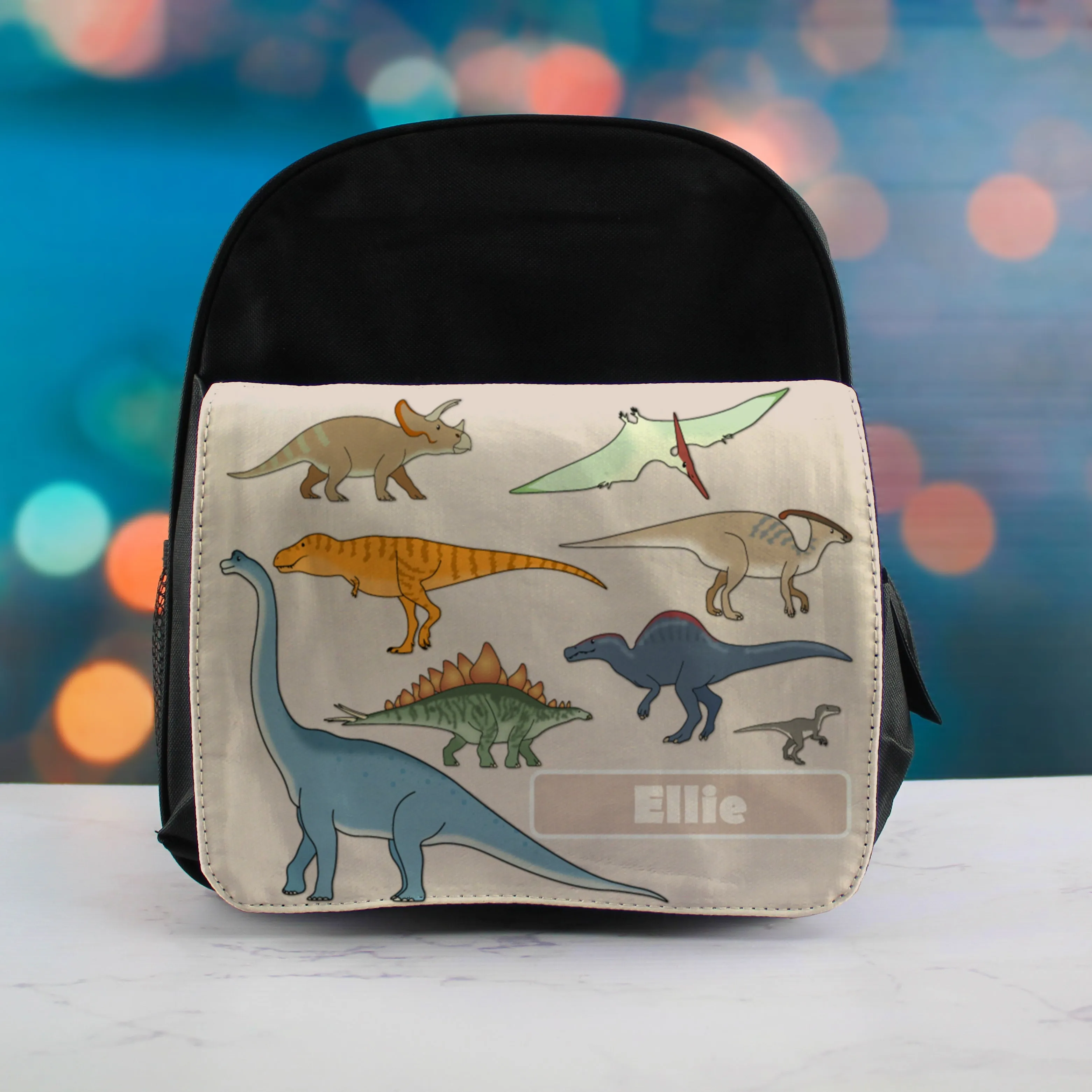 Printed Kids Black Backpack with Dinosaur Design, Customise with Any Name