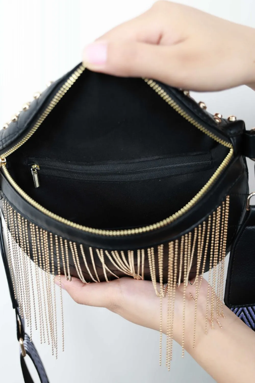 PU Leather Studded Sling Bag with Fringes