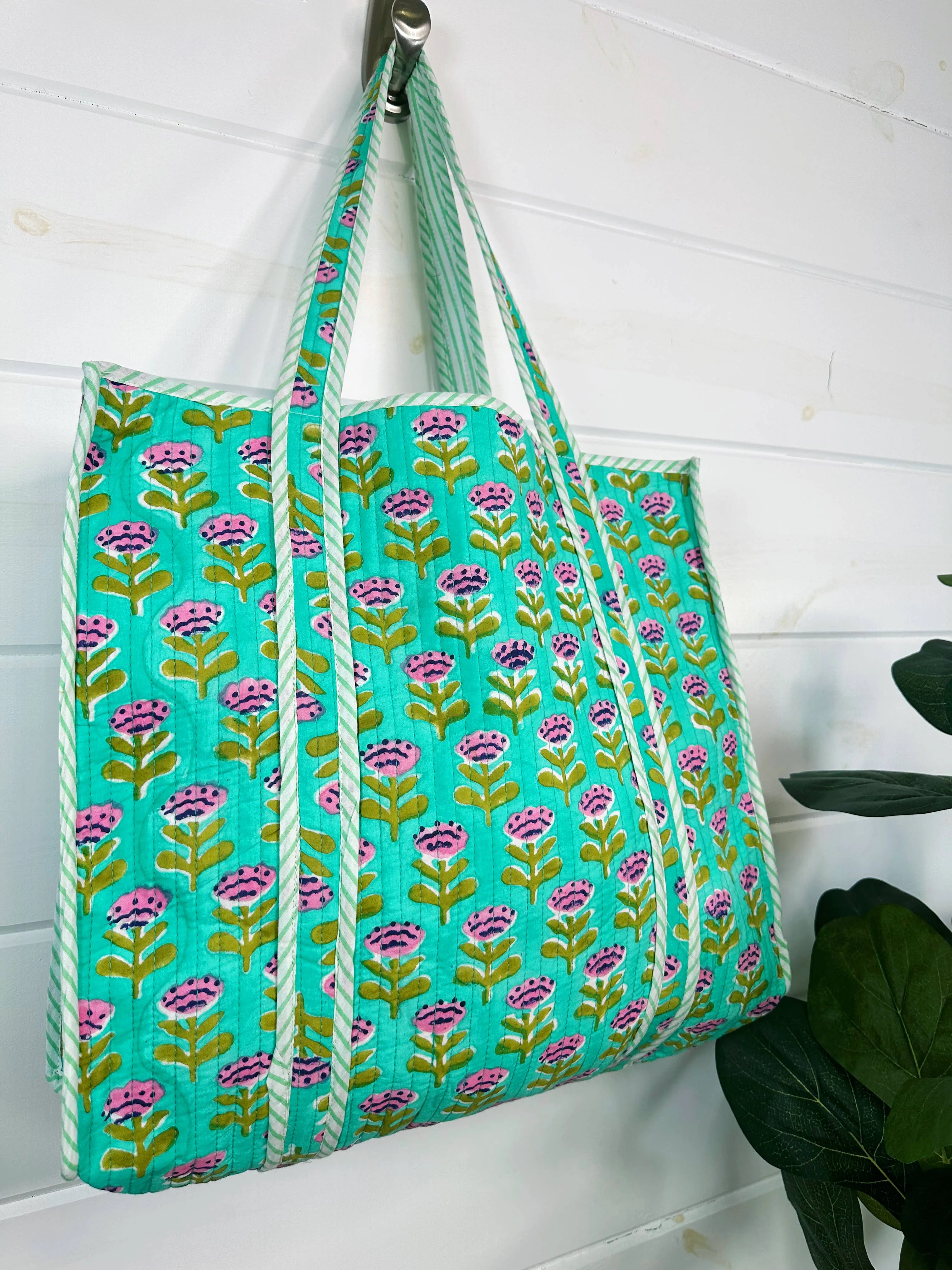 Quilted Aqua Floral Block Print Tote Bag